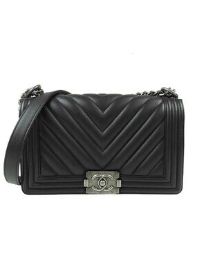 Chanel Boy Black Silver Lambskin Stitch Chain Shoulder Bag